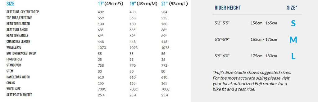 Fuji nevada discount bike size chart