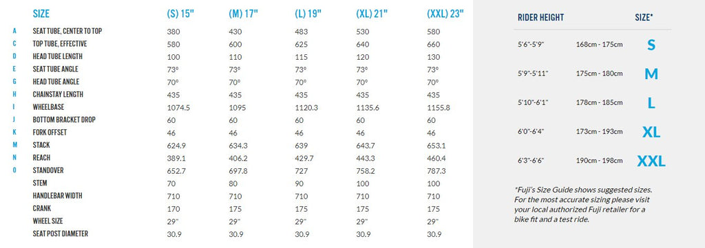 Fuji nevada bike size chart sale