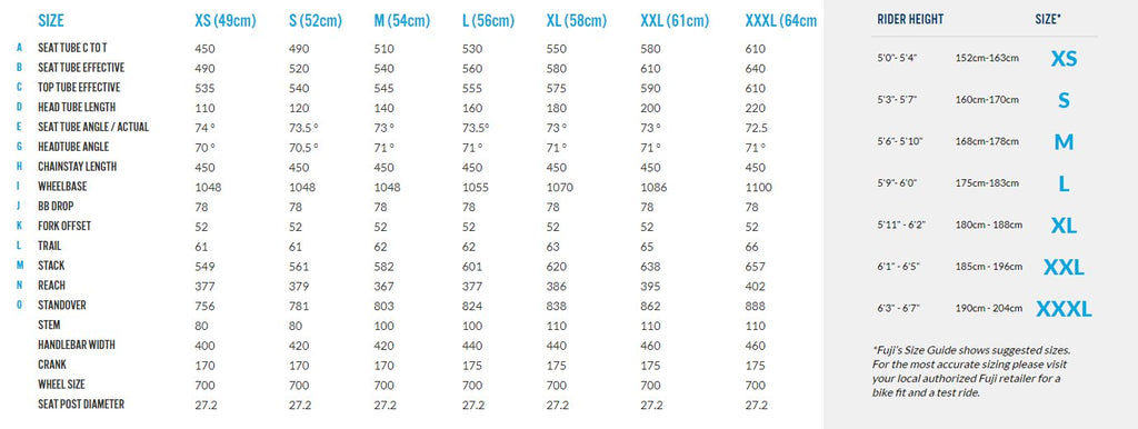 Fuji nevada 2024 bike size chart